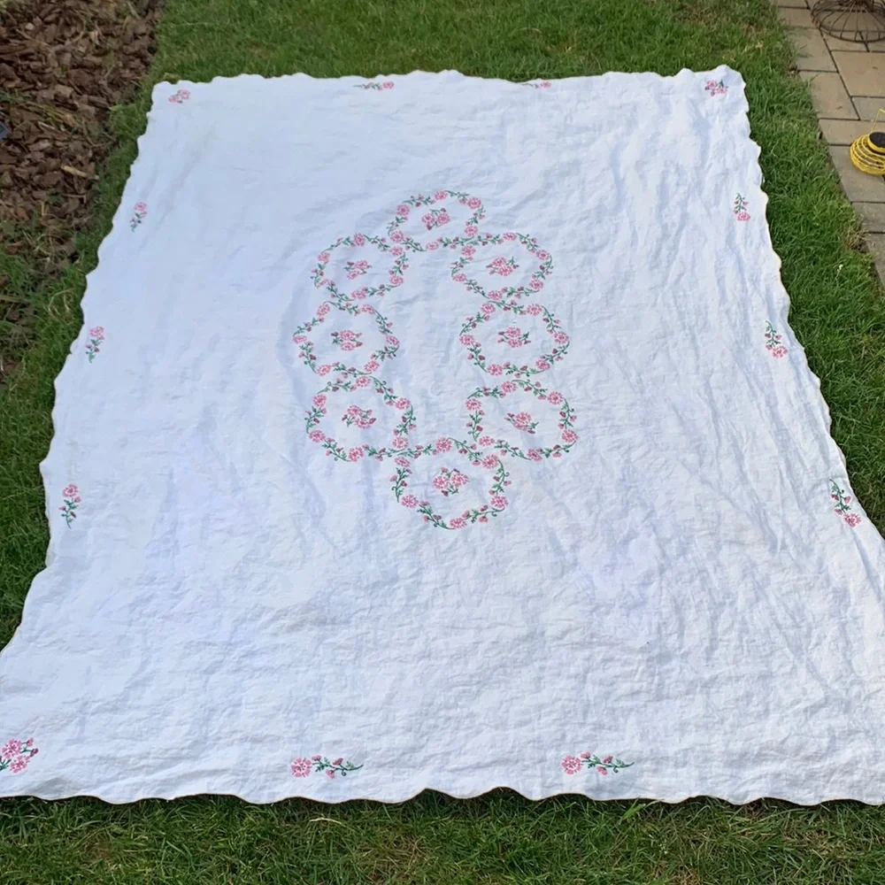 Vintage tablecloth handmade embroidered linen 54 x 81